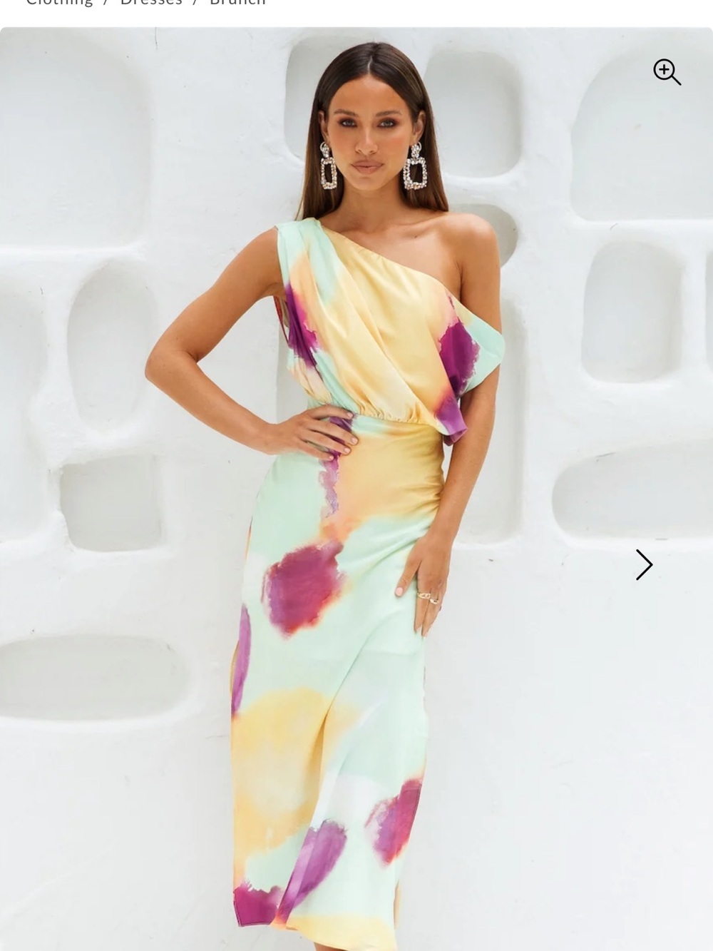Hello Molly One-Shoulder Pastel Watercolor Midi Dress in Mint, Yellow & Magenta